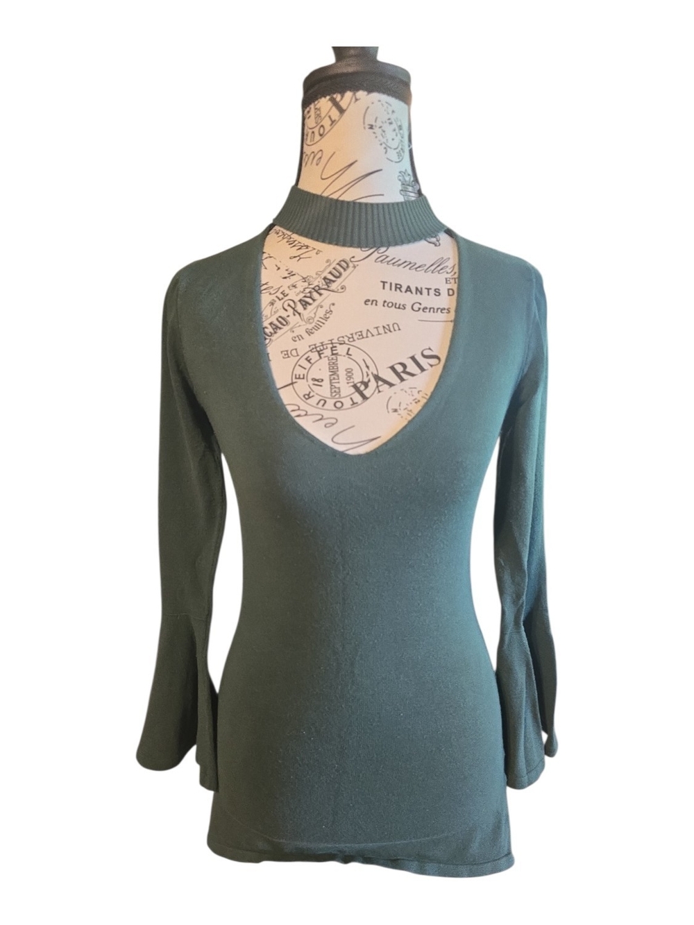 Women's Deep V-Neck Choker Sweater in Forest Green